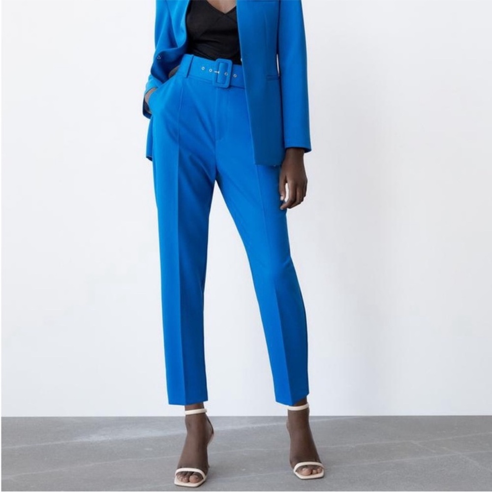 Zara High Waist PANTS W/ FABRIC-COVERED BELT - Electric Blue Size XS